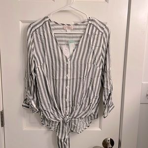 Black and white striped button down, tie front, 3/4 shirt. Vixbe, new with tags